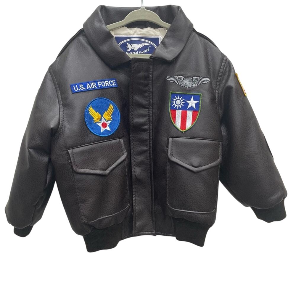 Kids Brown Faux Leather Aviator Jacket with Patches